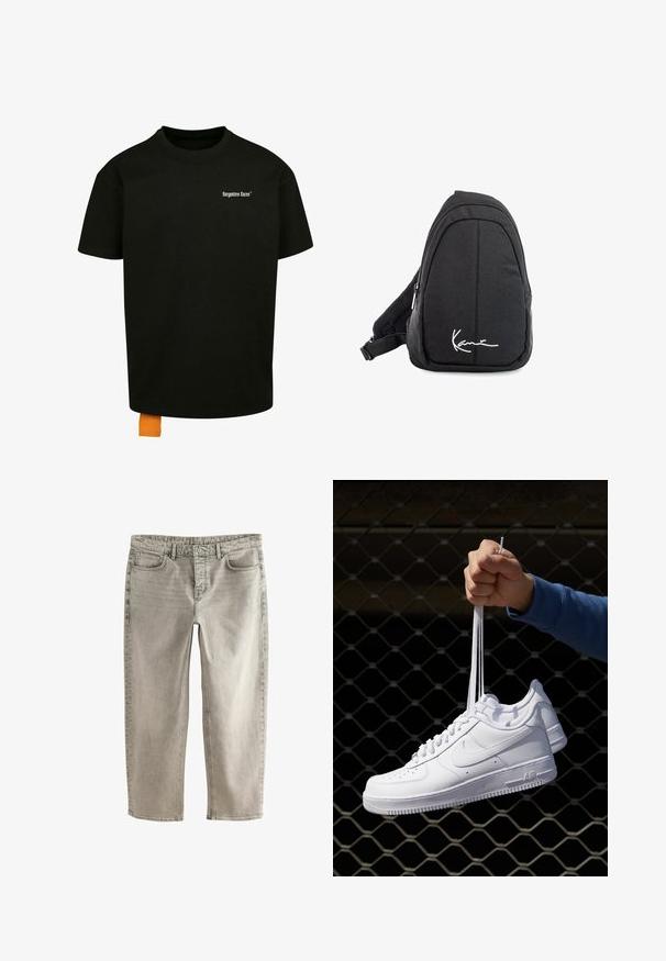 Black cotton t-shirt with a loose fit, crew neck, and short sleeves. Features white text logo on the chest and an orange tag at the hem.; Light gray denim jeans with a straight-leg design, five pockets, and stitched accents. Features a standard waistband and zipper fly.; White leather sneakers with perforations, round toe, flat sole, and thick laces, featuring a visible swoosh logo and "AIR" on the heel.; Black fabric sling backpack with a smooth texture, featuring a curved design, zippered compartment, and a white logo on the front.