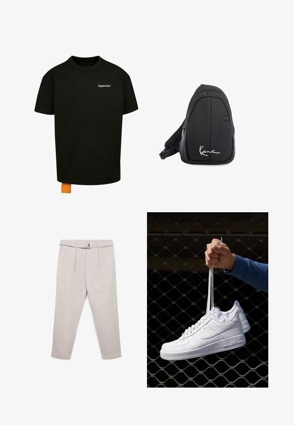 T-shirt en coton noir avec une coupe décontractée, col rond et manches courtes. Présente un logo en texte blanc sur la poitrine et une étiquette orange à l'ourlet.; Pantalon beige clair avec une ceinture assortie, présentant une coupe décontractée, deux plis à l'avant et des chevilles cintrées. Fabriqué en tissu lisse.; Baskets en cuir blanc avec perforations, à bout rond, semelle plate et lacets épais, arborant un logo swoosh visible et "AIR" sur le talon.; Sac à dos en toile noire avec une texture lisse, arborant un design courbé, un compartiment zippé et un logo blanc sur le devant.