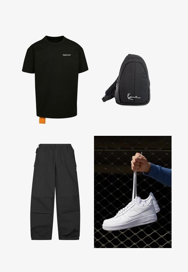 Zwarte katoenen t-shirt met een losse pasvorm, ronde hals en korte mouwen. Bevat een wit tekstlogo op de borst en een oranje label aan de zoom.; Zwarte katoenen broeken met een elastische tailleband, twee zijzakken en een relaxte pasvorm. Heeft naden en een minimalistisch ontwerp.; Witte leren sneakers met perforaties, ronde neus, vlakke zool en dikke veters, met een zichtbare swoosh-logo en "AIR" op de hiel.; Zwarte stoffen schouderrugzak met een soepele textuur, met een gebogen ontwerp, een ritscompartiment en een wit logo aan de voorkant.