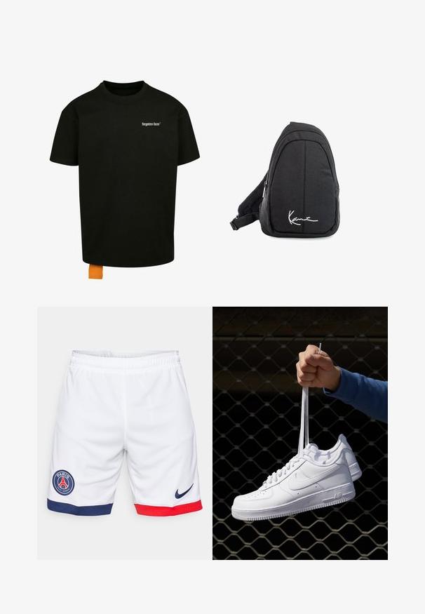 Zwarte katoenen t-shirt met een losse pasvorm, ronde hals en korte mouwen. Bevat een wit tekstlogo op de borst en een oranje label aan de zoom.; Witte sportshorts van lichtgewicht stof, met een blauw en rood accent aan de zoom en een rond Paris Saint-Germain logo. Nike-logo in marineblauw.; Witte leren sneakers met perforaties, ronde neus, vlakke zool en dikke veters, met een zichtbare swoosh-logo en "AIR" op de hiel.; Zwarte stoffen schouderrugzak met een soepele textuur, met een gebogen ontwerp, een ritscompartiment en een wit logo aan de voorkant.