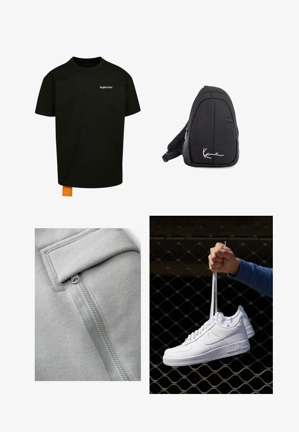 Must must T-särk, millel on lõtv lõige, ümmargune kaelus ja lühikesed varrukad. Rinnal on valge teksti logo ja hemil oranž silt.; Next UTILITY JOGGERS- REGULAR FIT - Kargopüksid - light grey; Valged nahast tennisetossud, millel on perforatsioonid, ümar nina, lame tallus ja paksud nöörid, nähtava swooshi logoga ja "AIR" kontsadel.; Mustmust kangas õlakott sujuva tekstuuriga, millel on kaarduv disain, tõmblukuga sektsioon ja valge logo esiküljel.