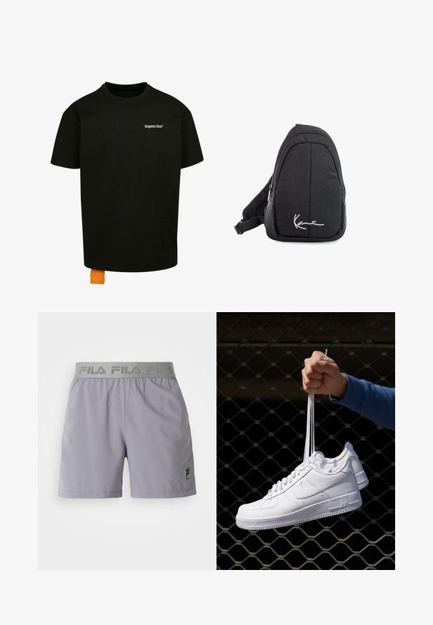 Schwarzes Baumwoll-T-Shirt mit lockerer Passform, Rundhalsausschnitt und kurzen Ärmeln. Mit weißem Textlogo auf der Brust und einem orangefarbenen Etikett am Saum.; Helle graue Sportshorts aus glattem Material, ausgestattet mit einem elastischen Bund mit "FILA"-Markenaufdruck und einem kleinen Logopatch an der Seite.; Weiße Leder-Sneaker mit Perforationen, runder Zehenpartie, flacher Sohle und dicken Schnürsenkeln, mit sichtbar eingesticktem Swoosh-Logo und "AIR" an der Ferse.; Schwarzer Stoff-Sling-Rucksack mit glatter Textur, gekennzeichnet durch ein geschwungenes Design, ein Reißverschlussfach und einem weißen Logo auf der Vorderseite.