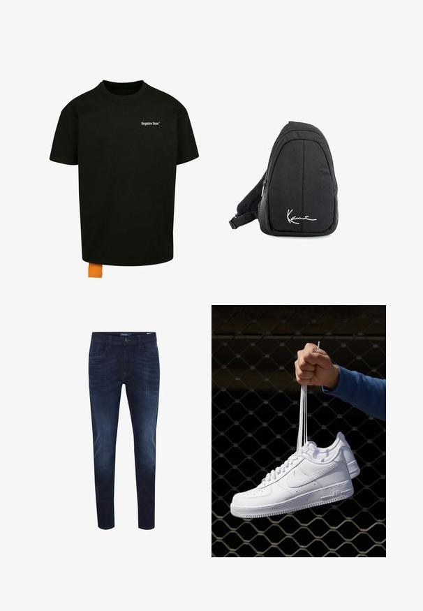 Tricou din bumbac negru, cu o croială lejeră, gât rotund și mâneci scurte. Prezintă un logo din text alb pe piept și un etichetă portocalie la tiv.; Jeans din denim albastru închis, cu o croială slim, design cu cinci buzunare, uzură subtilă, închidere cu nasture și etichetă cu logo pe banda din spate.; Adidași albaștri din piele cu perforații, vârf rotund, talpă plată și șireturi groase, cu un logo swoosh vizibil și cu inscripția "AIR" pe toc.; Rucsac tip sling din țesătură neagră, cu o textură netedă, având un design curbat, compartiment cu fermoar și un logo alb pe partea din față.