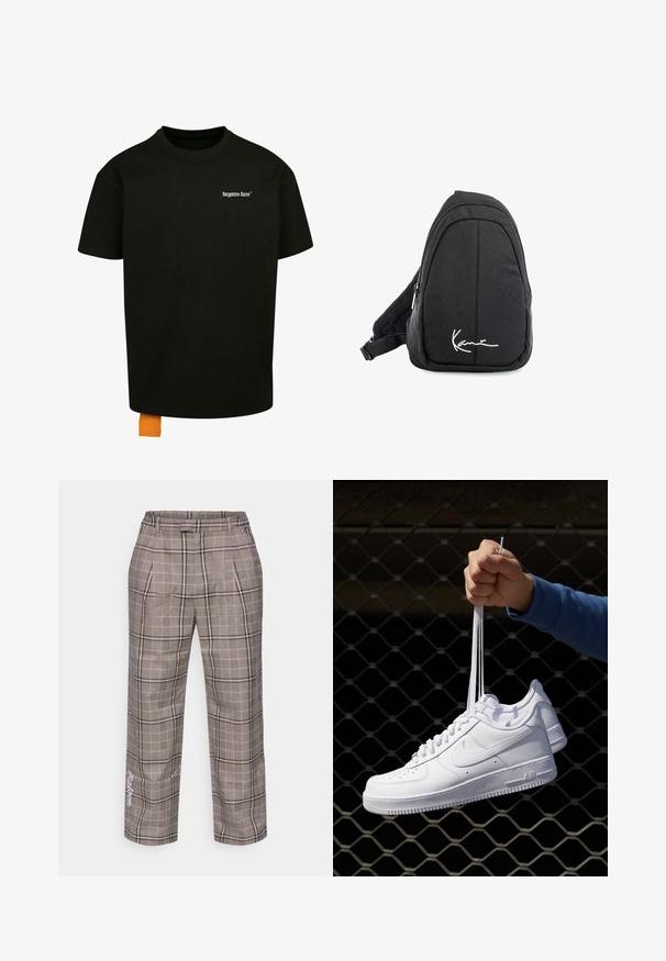 T-shirt en coton noir avec une coupe décontractée, col rond et manches courtes. Présente un logo en texte blanc sur la poitrine et une étiquette orange à l'ourlet.; Pantalon à carreaux gris à coupe ample, présentant un motif à carreaux avec des lignes beige clair et noires, et des poches latérales. Accentué par des lettres blanches.; Baskets en cuir blanc avec perforations, à bout rond, semelle plate et lacets épais, arborant un logo swoosh visible et "AIR" sur le talon.; Sac à dos en toile noire avec une texture lisse, arborant un design courbé, un compartiment zippé et un logo blanc sur le devant.