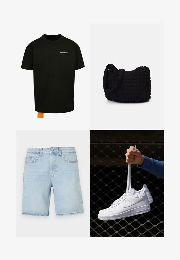 Zwarte katoenen t-shirt met een losse pasvorm, ronde hals en korte mouwen. Bevat een wit tekstlogo op de borst en een oranje label aan de zoom.; Lichtblauwe denimshorts met een klassiek vijfzakdesign, rechte snit en zichtbare stiksels. Voorzien van een metalen knoop en ritssluiting.; Witte leren sneakers met perforaties, ronde neus, vlakke zool en dikke veters, met een zichtbare swoosh-logo en "AIR" op de hiel.; Zwarte stoffen tas met een gestructureerd, gewatteerd patroon. Rondvormig, korte, dikke handvatten en een zachte, flexibele structuur.