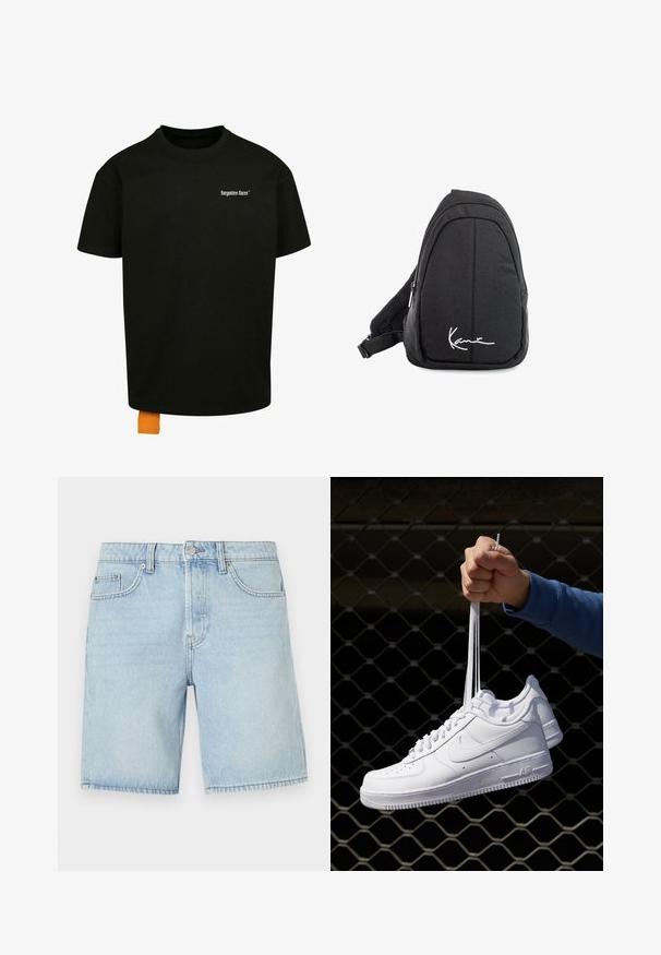 Black cotton t-shirt with a loose fit, crew neck, and short sleeves. Features white text logo on the chest and an orange tag at the hem.; Light blue denim shorts with a classic five-pocket design, straight cut, and visible stitching. Features a metal button and zip closure.; White leather sneakers with perforations, round toe, flat sole, and thick laces, featuring a visible swoosh logo and "AIR" on the heel.; Black fabric sling backpack with a smooth texture, featuring a curved design, zippered compartment, and a white logo on the front.