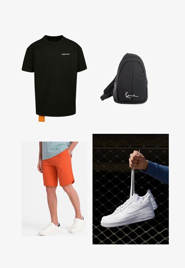 Zwarte katoenen t-shirt met een losse pasvorm, ronde hals en korte mouwen. Bevat een wit tekstlogo op de borst en een oranje label aan de zoom.; Oranje shorts gemaakt van zachte stof met een gladde textuur, met zijzakken en een gebogen zoom, gecombineerd met witte sneakers.; Witte leren sneakers met perforaties, ronde neus, vlakke zool en dikke veters, met een zichtbare swoosh-logo en "AIR" op de hiel.; Zwarte stoffen schouderrugzak met een soepele textuur, met een gebogen ontwerp, een ritscompartiment en een wit logo aan de voorkant.