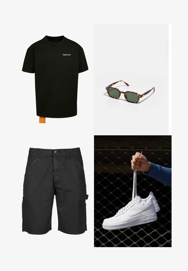 Camiseta de algodón negra con un corte holgado, cuello redondo y mangas cortas. Presenta un logotipo en texto blanco en el pecho y una etiqueta naranja en el dobladillo.; Pantalones cortos cargo negros hechos de tela ligera, con cremallera y cierre de botón, bolsillos laterales y un bolsillo de utilidad en la pierna.; Zapatillas de cuero blanco con perforaciones, punta redonda, suela plana y cordones gruesos, con un logo de swoosh visible y "AIR" en el talón.; Gafas de sol carey con lentes verdes, de forma octagonal y con patillas delgadas y curvas. El material tiene un acabado brillante.