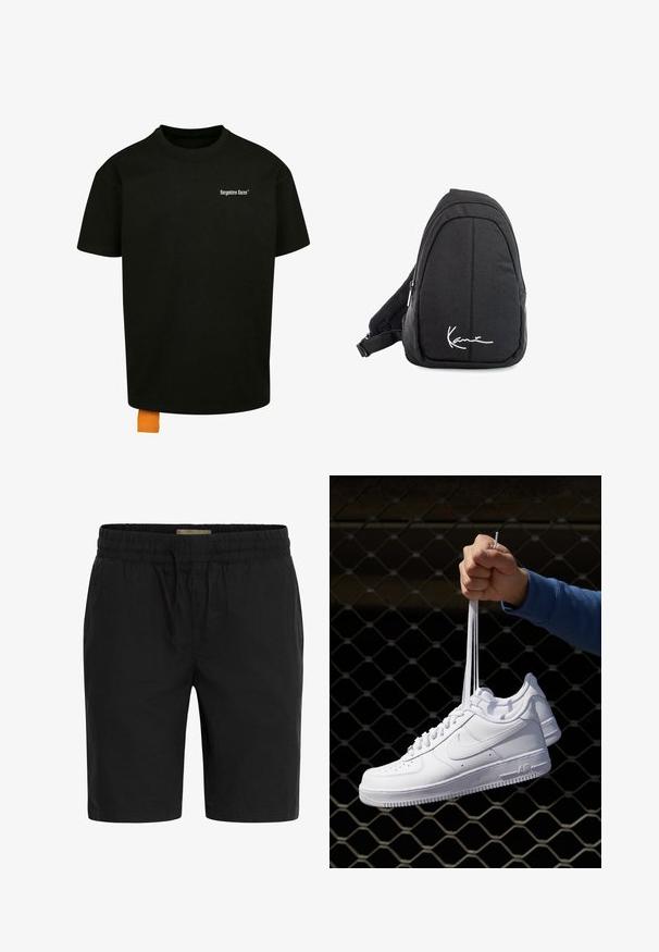 Černé bavlněné tričko s volným střihem, kulatým výstřihem a krátkými rukávy. Na hrudi se nachází bílý textový logo a na lemu je oranžová etiketa.; Černé šortky vyrobené z lehkého materiálu, s elastickým pasem a stahovací šňůrkou, a bočními kapsami pro pohodlí.; Bílé kožené tenisky s perforacemi, kulatou špičkou, plochou podrážkou a silnými tkaničkami, které mají viditelné logo swoosh a nápis "AIR" na patě.; Černý textilní batoh s popruhem přes rameno, hladkým povrchem, zakřiveným designem, zipovou přihrádkou a bílým logem na přední straně.