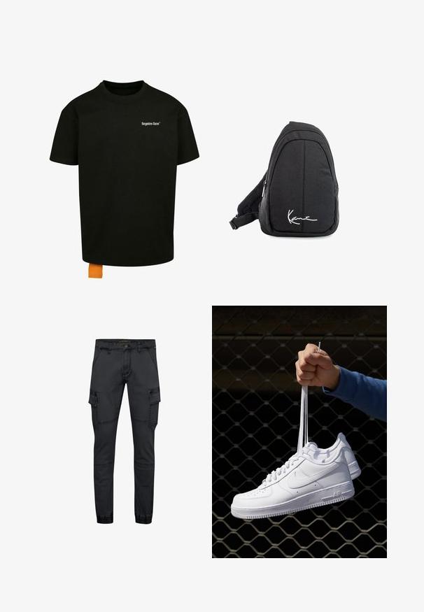 Schwarzes Baumwoll-T-Shirt mit lockerer Passform, Rundhalsausschnitt und kurzen Ärmeln. Mit weißem Textlogo auf der Brust und einem orangefarbenen Etikett am Saum.; Schwarze Cargo-Jeans aus Denim, mit Seitentaschen, Knopfverschluss, schmal zulaufenden Beinen und elastischen Bündchen am Knöchel.; Weiße Leder-Sneaker mit Perforationen, runder Zehenpartie, flacher Sohle und dicken Schnürsenkeln, mit sichtbar eingesticktem Swoosh-Logo und "AIR" an der Ferse.; Schwarzer Stoff-Sling-Rucksack mit glatter Textur, gekennzeichnet durch ein geschwungenes Design, ein Reißverschlussfach und einem weißen Logo auf der Vorderseite.