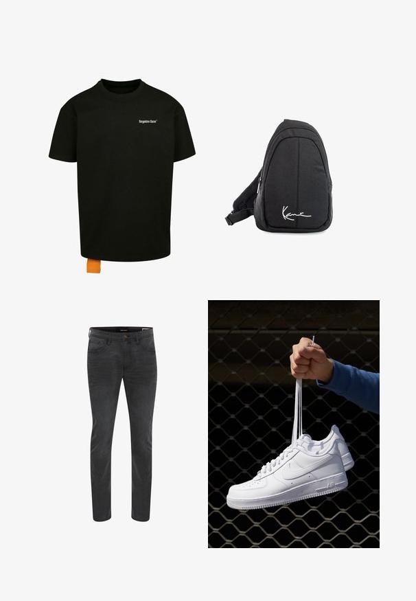 Melnas kokvilnas T-krekls ar brīvu piegriezumu, apaļu kakla izgriezumu un īsām piedurknēm. Uz krūtīm ir balts teksta logo, un apakšmalā ir oranžs uzšuves tags.; Tumši pelēkas džinsa bikses ar slaidu piegriezumu, piecu kabatu dizainu un pogas aizdari. Piemērotas ikdienas valkāšanai.; Baltas ādas sporta apavi ar perforācijām, apaļu purngali, plakanu zoli un biezām šņorēm, ar redzamu swoosh logo un vārdu "AIR" uz papēža.; Melnas auduma siksnu mugursoma ar gludu tekstūru, ar izliekta dizaina, ar rāvējslēdzēju, un uz priekšu ir balts logo.