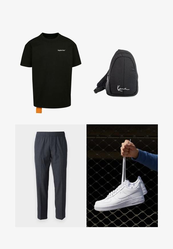 Black cotton t-shirt with a loose fit, crew neck, and short sleeves. Features white text logo on the chest and an orange tag at the hem.; Woven dark gray trousers with an elastic waistband, straight leg design, subtle texture, and no visible hardware or patterns.; White leather sneakers with perforations, round toe, flat sole, and thick laces, featuring a visible swoosh logo and "AIR" on the heel.; Black fabric sling backpack with a smooth texture, featuring a curved design, zippered compartment, and a white logo on the front.