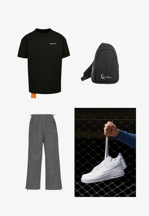 Črna bombažna majica s širokim krojem, okroglim izrezom in kratkimi rokavi. Ima bel napis na prsih in oranžno oznako na robu.; Sive široke hlače iz mehkega materiala. Imajo elastičen pas, stranske žepe in zadrge na robovih. Preprost dizajn z minimalnimi podrobnostmi.; Bela usnjena športna obutev s perforacijami, okroglo konico, ravnim podplatom in debelimi vezalkami, z vidnim logotipom smoosh in napisom "AIR" na peti.; Črn tkaninski sling nahrbtnik z gladko teksturo, ki ima obliko lokov, z zip zapiranjem in belim logotipom na sprednji strani.