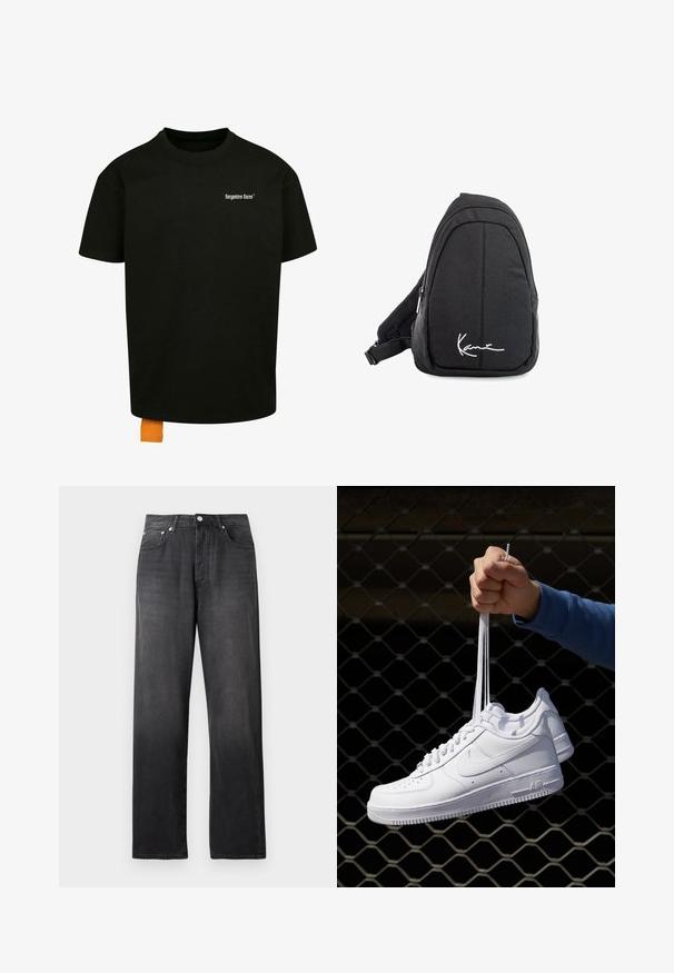 T-shirt nero in cotone con vestibilità ampia, colletto rotondo e maniche corte. Presenta un logo in testo bianco sul petto e un'etichetta arancio sull'orlo.; Jeans neri a vita alta con gamba dritta, dotati di bottone e cerniera frontale, due tasche anteriori e leggere sfumature.; Sneakers in pelle bianca con perforazioni, punta rotonda, suola piatta e lacci spessi, con logo swoosh visibile e "AIR" sul tallone.; Zaino a tracolla in tessuto nero con una superficie liscia, caratterizzato da un design curvo, scomparto con zip e un logo bianco sul davanti.