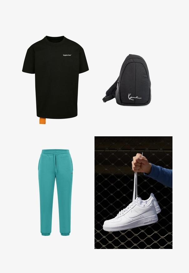 Schwarzes Baumwoll-T-Shirt mit lockerer Passform, Rundhalsausschnitt und kurzen Ärmeln. Mit weißem Textlogo auf der Brust und einem orangefarbenen Etikett am Saum.; Türkisfarbene Jogginghose aus weichem Stoff mit elastischem Bund und Kordelzug, gesäumten Knöcheln und kleinem Logodetail.; Weiße Leder-Sneaker mit Perforationen, runder Zehenpartie, flacher Sohle und dicken Schnürsenkeln, mit sichtbar eingesticktem Swoosh-Logo und "AIR" an der Ferse.; Schwarzer Stoff-Sling-Rucksack mit glatter Textur, gekennzeichnet durch ein geschwungenes Design, ein Reißverschlussfach und einem weißen Logo auf der Vorderseite.