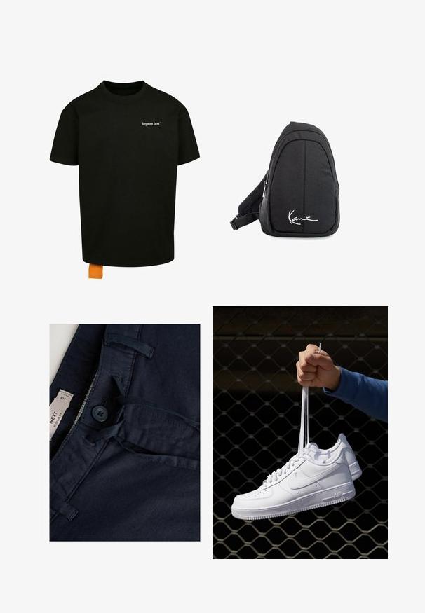 Fekete pamut póló laza szabással, kerek nyakkal és rövid ujjakkal. Fehér szöveges logóval a mellrészen és narancssárga címkével az alján.; Sötétkék nadrág sima textúrával, gombos záródással, zsinórral és címkével. Öv részén varrott díszítések.; Fehér bőr sportcipők perforációval, kerek orral, lapos talppal és vastag fűzőkkel, látható swoosh logóval és "AIR" felirattal a sarokrészen.; Fekete szövet válltáska sima textúrával, ívelt kialakítással, cipzáras rekesszel, és egy fehér logóval az elején.