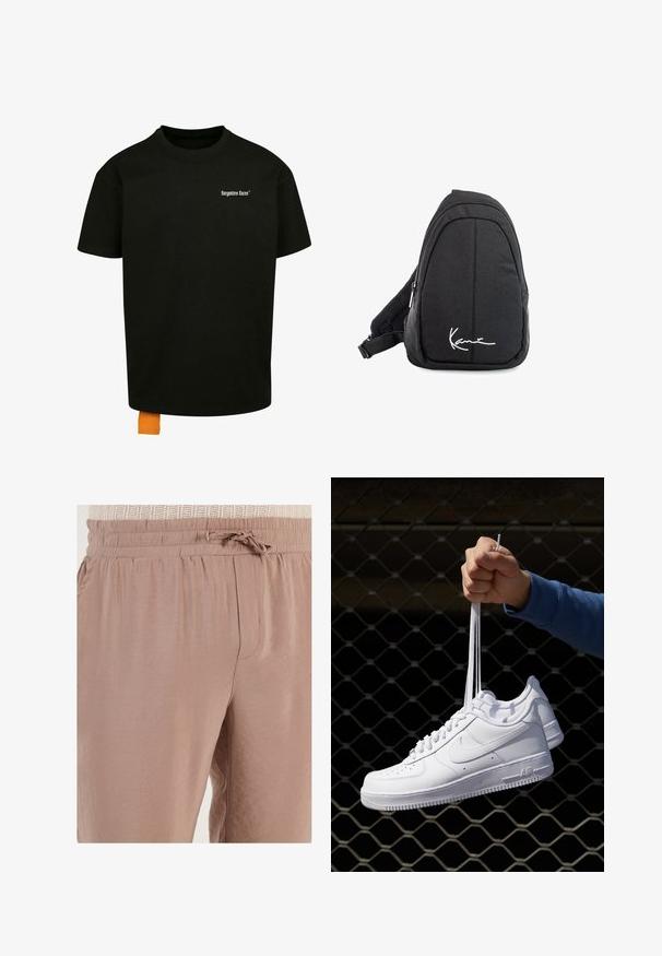 Black cotton t-shirt with a loose fit, crew neck, and short sleeves. Features white text logo on the chest and an orange tag at the hem.; Light brown jogger pants made of soft fabric, featuring an elastic waistband with a drawstring and side pockets.; White leather sneakers with perforations, round toe, flat sole, and thick laces, featuring a visible swoosh logo and "AIR" on the heel.; Black fabric sling backpack with a smooth texture, featuring a curved design, zippered compartment, and a white logo on the front.