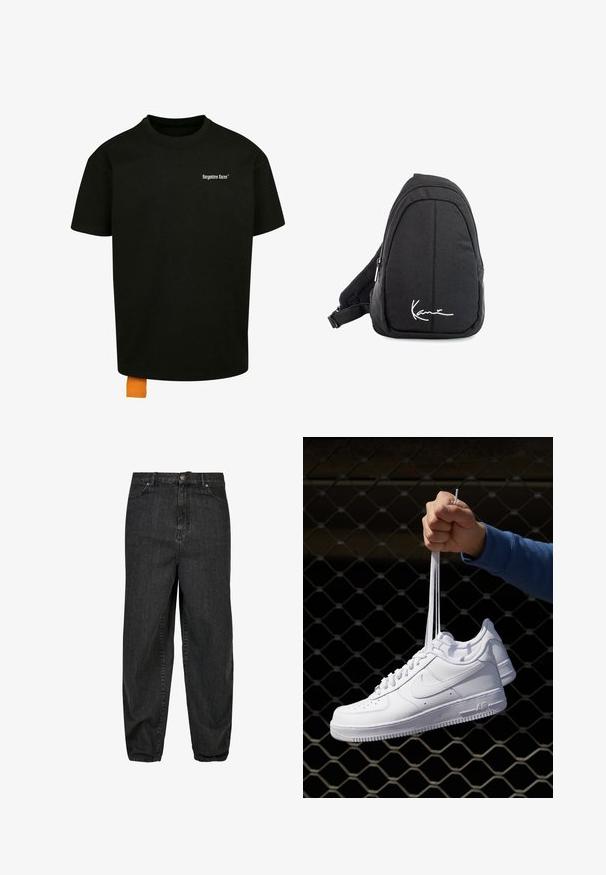 Crna pamukasta majica s opuštenim krojem, okruglim izrezom i kratkim rukavima. Ima bijeli tekstualni logo na prsima i narančastu oznaku na rubu.; Crne traperice s opuštenim krojem, s prednjim kopčanjem na dugme, pet džepova i suptilnim izblijedjelim detaljima na tkanini.; Bijele kožne tenisice s perforacijama, okruglim vrhom, ravnim potplatom i debelim vezicama, s vidljivim swoosh logom i natpisom "AIR" na peti.; Crni platneni ruksak sa sling stilom s glatkom teksturom, koji ima zakrivljen dizajn, zatvoreni odjeljak sa zatvaračem i bijeli logo sprijeda.