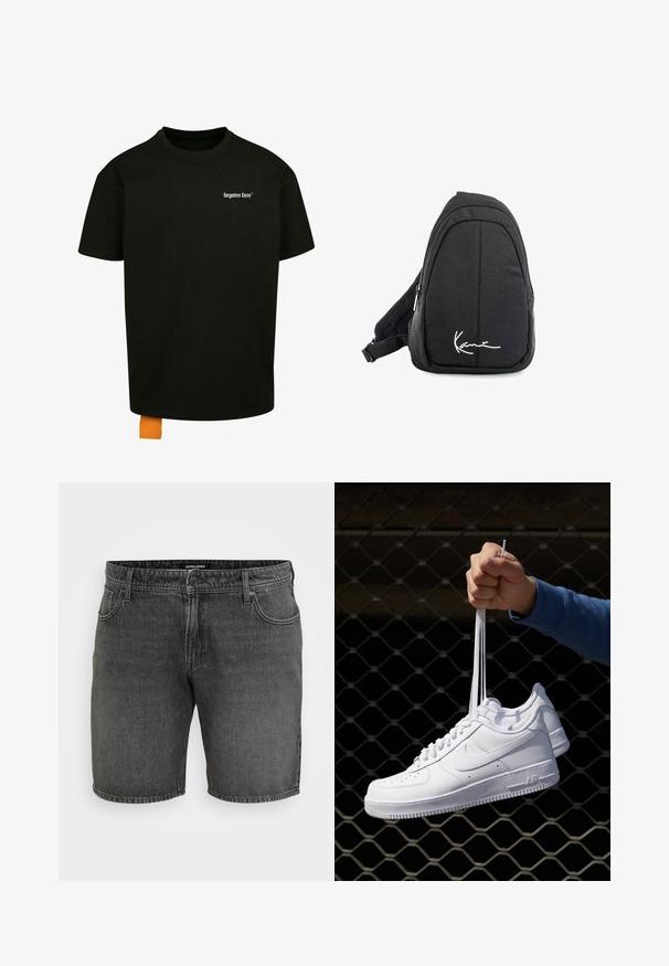 Fekete pamut póló laza szabással, kerek nyakkal és rövid ujjakkal. Fehér szöveges logóval a mellrészen és narancssárga címkével az alján.; Fekete farmer rövidnadrág, klasszikus öt zsebes dizájnnal, gombos záródással és varrási részletekkel. Tartós pamut anyagból készült.; Fehér bőr sportcipők perforációval, kerek orral, lapos talppal és vastag fűzőkkel, látható swoosh logóval és "AIR" felirattal a sarokrészen.; Fekete szövet válltáska sima textúrával, ívelt kialakítással, cipzáras rekesszel, és egy fehér logóval az elején.