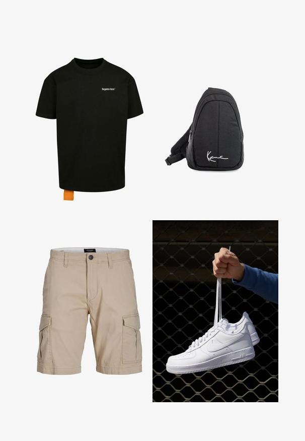 Black cotton t-shirt with a loose fit, crew neck, and short sleeves. Features white text logo on the chest and an orange tag at the hem.; Beige cargo shorts made of cotton, featuring multiple side pockets, a buttoned waist closure, and a straight fit design.; White leather sneakers with perforations, round toe, flat sole, and thick laces, featuring a visible swoosh logo and "AIR" on the heel.; Black fabric sling backpack with a smooth texture, featuring a curved design, zippered compartment, and a white logo on the front.