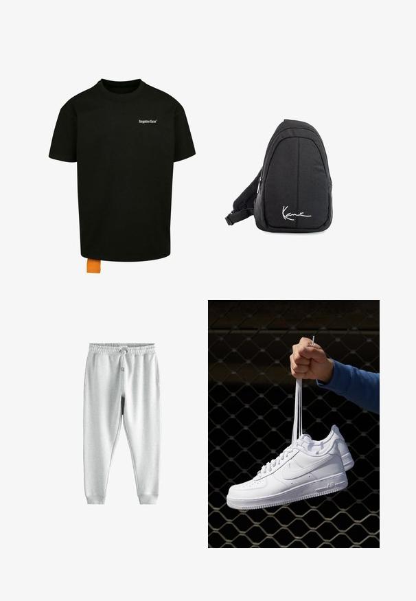 Schwarzes Baumwoll-T-Shirt mit lockerer Passform, Rundhalsausschnitt und kurzen Ärmeln. Mit weißem Textlogo auf der Brust und einem orangefarbenen Etikett am Saum.; Graue Jogginghosen mit einem Kordelzugbund, zwei Seitentaschen und schmal zulaufenden Knöcheln, aus weichem, strukturiertem Stoff.; Weiße Leder-Sneaker mit Perforationen, runder Zehenpartie, flacher Sohle und dicken Schnürsenkeln, mit sichtbar eingesticktem Swoosh-Logo und "AIR" an der Ferse.; Schwarzer Stoff-Sling-Rucksack mit glatter Textur, gekennzeichnet durch ein geschwungenes Design, ein Reißverschlussfach und einem weißen Logo auf der Vorderseite.