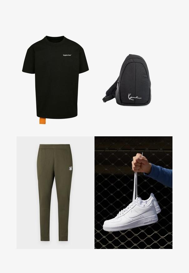 Sort bomulds t-shirt med løs pasform, rund hals og korte ærmer. Har et hvidt tekstlogo på brystet og et orange mærke i kanten.; Olivegrønne joggere med en tætsiddende design, elastisk talje og en lille hvid logo detalje på den øverste venstre ben. Blød stofstruktur.; Hvide lædersneakers med perforeringer, rund tå, flad sål og tykke snørebånd, med et synligt swoosh-logo og "AIR" på hælen.; Sort stof sling rygsæk med en glat overflade, som har en buet design, lynlåslomme og et hvidt logo på forsiden.