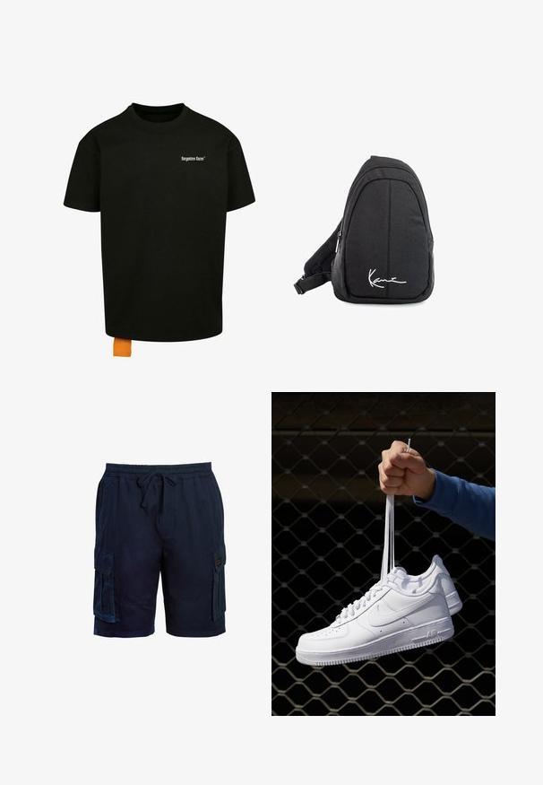 Zwarte katoenen t-shirt met een losse pasvorm, ronde hals en korte mouwen. Bevat een wit tekstlogo op de borst en een oranje label aan de zoom.; Marineblauwe cargobroek met een elastische tailleband, trekkoord, zakken aan beide zijden en een geweven stof voor comfort.; Witte leren sneakers met perforaties, ronde neus, vlakke zool en dikke veters, met een zichtbare swoosh-logo en "AIR" op de hiel.; Zwarte stoffen schouderrugzak met een soepele textuur, met een gebogen ontwerp, een ritscompartiment en een wit logo aan de voorkant.