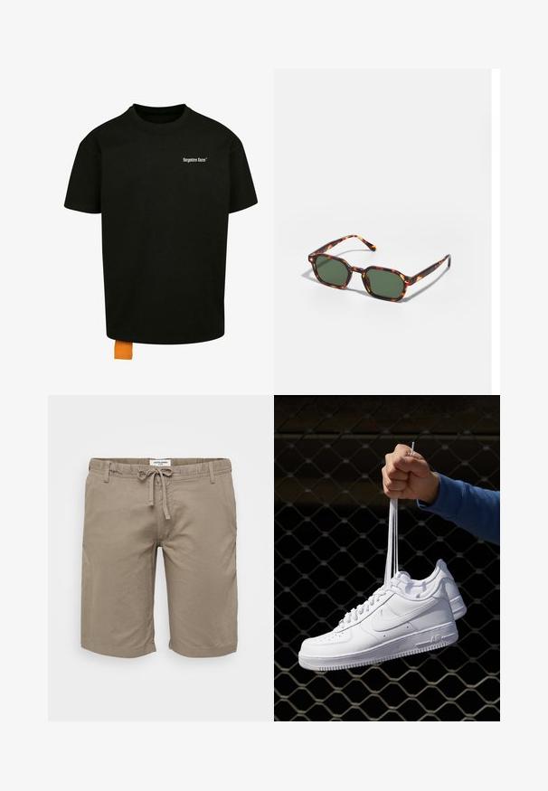Camiseta de algodón negra con un corte holgado, cuello redondo y mangas cortas. Presenta un logotipo en texto blanco en el pecho y una etiqueta naranja en el dobladillo.; Pantalones cortos de algodón color marrón claro con cintura elástica y cordón, bolsillos laterales y corte recto. Textura suave y diseño minimalista.; Zapatillas de cuero blanco con perforaciones, punta redonda, suela plana y cordones gruesos, con un logo de swoosh visible y "AIR" en el talón.; Gafas de sol carey con lentes verdes, de forma octagonal y con patillas delgadas y curvas. El material tiene un acabado brillante.