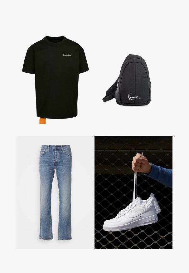 Černé bavlněné tričko s volným střihem, kulatým výstřihem a krátkými rukávy. Na hrudi se nachází bílý textový logo a na lemu je oranžová etiketa.; Svetle modré džíny s rovnými nohavicemi, které mají pět kapes a malý kovový knoflík na pase. Detaily s třepením na spodním okraji.; Bílé kožené tenisky s perforacemi, kulatou špičkou, plochou podrážkou a silnými tkaničkami, které mají viditelné logo swoosh a nápis "AIR" na patě.; Černý textilní batoh s popruhem přes rameno, hladkým povrchem, zakřiveným designem, zipovou přihrádkou a bílým logem na přední straně.
