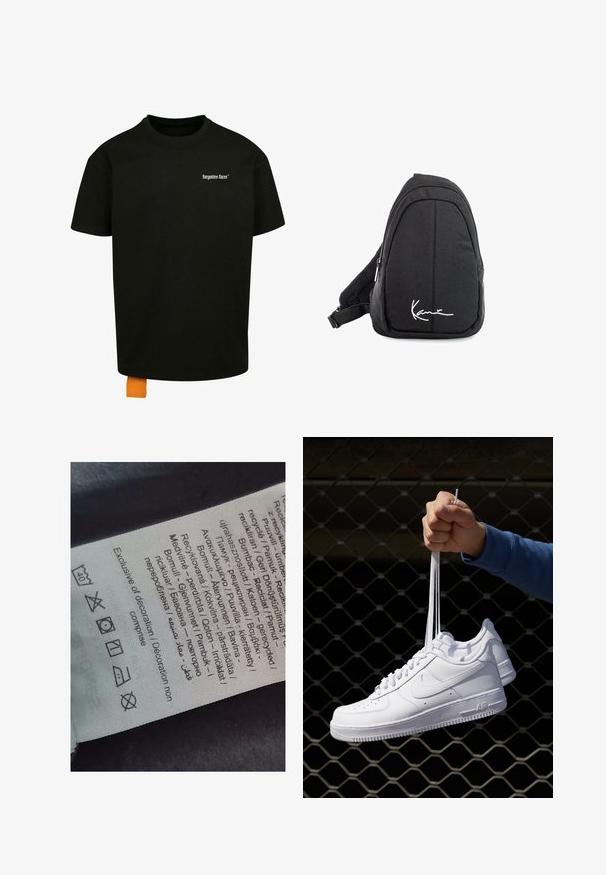 Tricou din bumbac negru, cu o croială lejeră, gât rotund și mâneci scurte. Prezintă un logo din text alb pe piept și un etichetă portocalie la tiv.; Etichetă cu text în mai multe limbi, simboluri de îngrijire și icoane de reciclare, imprimată pe un material moale, asemănător cu țesătura, de culoare deschisă.; Adidași albaștri din piele cu perforații, vârf rotund, talpă plată și șireturi groase, cu un logo swoosh vizibil și cu inscripția "AIR" pe toc.; Rucsac tip sling din țesătură neagră, cu o textură netedă, având un design curbat, compartiment cu fermoar și un logo alb pe partea din față.