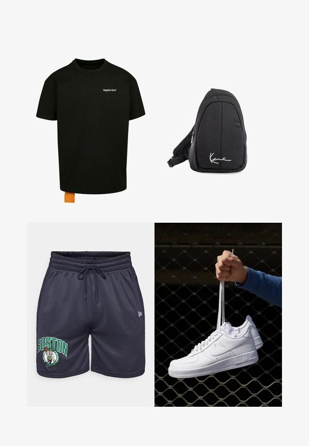 Fekete pamut póló laza szabással, kerek nyakkal és rövid ujjakkal. Fehér szöveges logóval a mellrészen és narancssárga címkével az alján.; Tengeri hálós sport rövidnadrág, elasztikus derekkal és zsinórral. A "BOSTON" felirat és a Celtics logó zöld és fehér hímzéssel van ellátva.; Fehér bőr sportcipők perforációval, kerek orral, lapos talppal és vastag fűzőkkel, látható swoosh logóval és "AIR" felirattal a sarokrészen.; Fekete szövet válltáska sima textúrával, ívelt kialakítással, cipzáras rekesszel, és egy fehér logóval az elején.