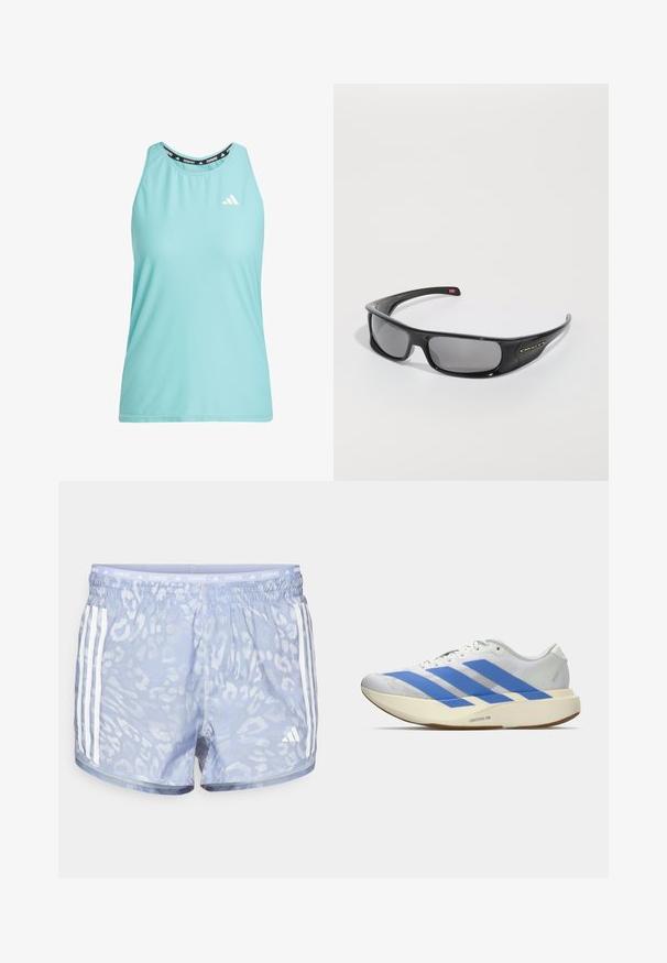 Light blue athletic tank top with a mesh texture, rounded neckline, and black branded collar. Features a white logo on the front.; Light blue running shorts featuring a subtle leopard print, elastic waistband, and three white stripes on each side.; White athletic shoe with blue stripes, textured upper, flat sole, and "LIGHTSTRIKE PRO" branding on the side. Low-profile design.; Black Oakley wraparound sunglasses with dark rectangular lenses and curved arms on a plain white background.