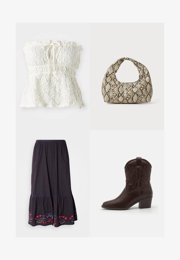 Bela, brez naramnic, zgornji del iz teksturirane čipke z nabranim pasom in zbranim robom. Ima tudi vezi na vratu.; Temno siv krilo iz bombaža s plastnim dizajnom in vezenimi cvetličnimi detajli v rdeči, modri in rumeni barvi na robu. Elastičen pas.; Rjave usnjene kavbojske škornje z izostrenimi prsti, okrašenimi z embosiranimi vzorci ptičjih kril, srednje visokim blokastim petam in zanka za pomoč pri obuvanju na zadnji strani.; Torba z vzorom kače s ukrivljenim ročajem. Narejena iz teksturiranih, bež in rjavih materialov, ki imajo značilen diamante vzorec.