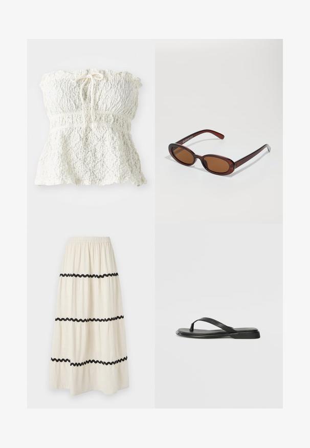 White, strapless top made of textured lace with a smocked bodice and a gathered hem. Features a tie detail at the neckline.; Tiered ankle-length skirt in cream fabric with black wavy trim. Features an elastic waistband for comfort and flowing, lightweight drape.; Black flip-flop made of smooth leather, featuring a thin strap design and a flat sole with a minimal profile. No notable patterns or accents.; Round, brown-tinted sunglasses with a glossy burgundy frame. Slim arms with subtle branding detail. Flat lens design.