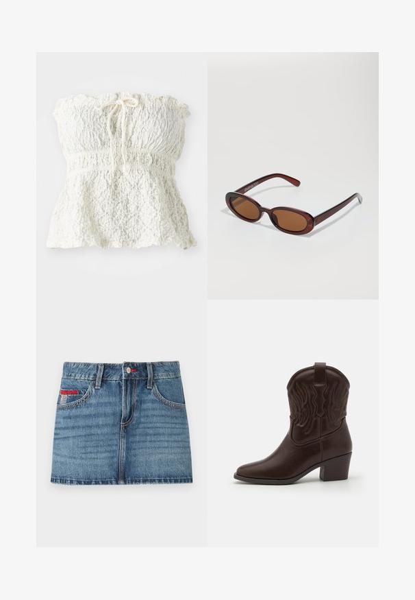 Fehér, pánt nélküli, texturált csipkéből készült felső, smockolt melltartóval és ráncolt aljjal. Nyakán masnis részlettel rendelkezik.; Középkék, elhalványodott textúrájú farmer mini szoknya, öt zsebbel és piros varrási részletekkel. Gombos záródással és övbujtókkal rendelkezik.; Barna bőr cowboy csizmák, hegyes orral, domború szárny mintákkal, közepes magasságú blokksarkakkal és hátsó húzófüllel.; Kerek, barna árnyalatú napszemüveg fényes burgundi kerettel. Karcsú karok diszkrét márkázással. Lapos lencse kialakítás.