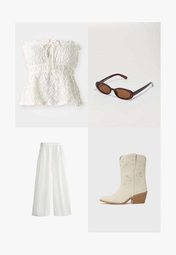 Hvid, stropløs top lavet af struktureret blonde med en smocket barm og en rynket kant. Har en bindedetalje ved halsen.; Hvide, vide bukser med elastisk talje, der har frontplisseringer og et let, tekstureret stof.; Hvide læder cowboystøvler med blomsterbroderi, spids tå og en stabeltræ hæl. Funktioner dekorativ syning på skaftet.; Runde, bruntonede solbriller med en glansfuld bordeauxramme. Slanke arme med diskret brandingdetalje. Flad linsedesign.