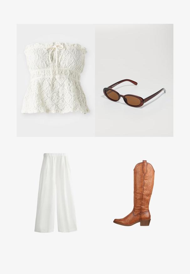Weißes, trägerloses Oberteil aus strukturiertem Spitze mit einem gerafften Oberteil und einem gerafften Saum. Es hat eine Bindeschleife am Ausschnitt.; Weiße, weite Hosen mit einem elastischen Bund, ausgestattet mit frontalen Falten und einem leichten, strukturierten Stoff.; Braune Lederstiefel bis zum Knie mit leicht spitz zulaufender Zehenpartie, dekorativer Naht und einem bescheidenen Absatz. Strukturierte Oberfläche mit einer Zuglasche auf der Rückseite.; Runde, braun getönte Sonnenbrillen mit einem glänzenden burgunderfarbenen Rahmen. Schlanke Bügel mit dezentem Branding. Flaches Linsendesign.