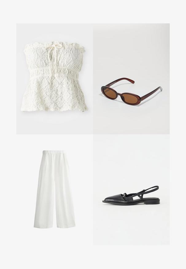 Weißes, trägerloses Oberteil aus strukturiertem Spitze mit einem gerafften Oberteil und einem gerafften Saum. Es hat eine Bindeschleife am Ausschnitt.; Weiße, weite Hosen mit einem elastischen Bund, ausgestattet mit frontalen Falten und einem leichten, strukturierten Stoff.; Schwarzes Leder Slingback-Schuh mit spitzem Zeh, niedrigem Absatz, Ausschnittdesign und dekorativem kreisförmigen Schnallen-Detail.; Runde, braun getönte Sonnenbrillen mit einem glänzenden burgunderfarbenen Rahmen. Schlanke Bügel mit dezentem Branding. Flaches Linsendesign.