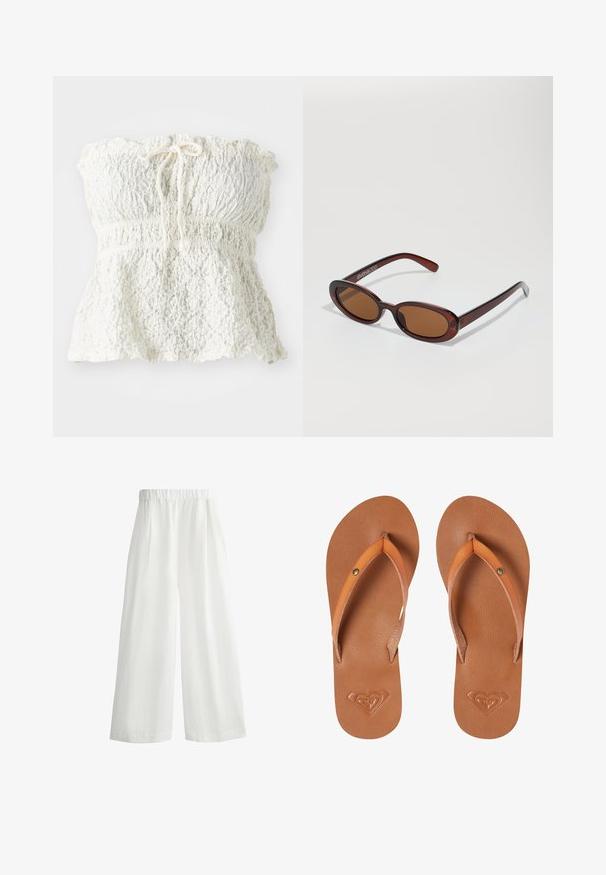 Biały, bezramionowy top wykonany z teksturowanej koronką, z marszczonym topem i zebranym dołem. Posiada detal w postaci wiązania przy dekolcie.; Białe, szerokie spodnie z elastycznym pasem, z przodu z fałdami i wykonane z lekkiego, teksturowanego materiału.; Brązowe syntetyczne klapki z pomarańczowymi paskami, teksturowana powierzchnia i wytłoczony detal w kształcie serca na podeszwie.; Okrągłe, brązowe okulary przeciwsłoneczne z błyszczącą bordową oprawą. Cienkie ramiona z subtelnym detalem marki. Płaski kształt soczewek.