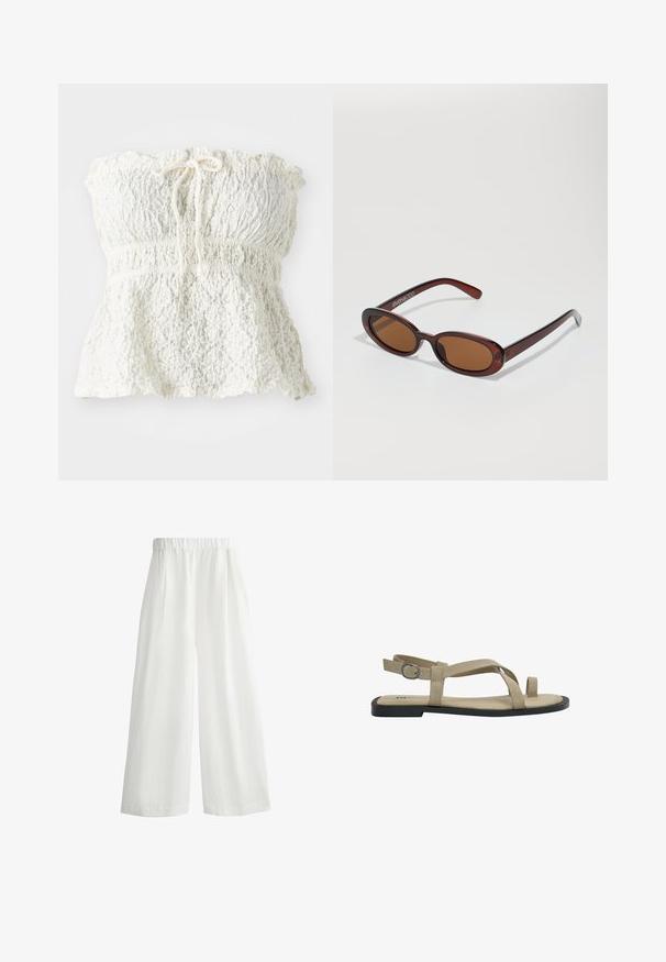 Witte, strapless top van gestructureerde kant met een gesmokt lijfje en een geplooide zoom. Heeft een strikdetail bij de halslijn.; Witte, wijdvallende broek met een elastische tailleband, voorzien van voorplooien en een lichte, geprofileerde stof.; Beige suède sandalen met een platte zool, voorzien van kruislings straps en een verstelbare gesp aan de achterkant. Minimalistisch ontwerp en open teen.; Ronde, bruin getinte zonnebril met een glanzend bordeauxrood frame. Slanke pootjes met subtiele merkdetails. Vlakke lensontwerp.
