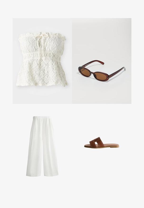 Biały, bezramionowy top wykonany z teksturowanej koronką, z marszczonym topem i zebranym dołem. Posiada detal w postaci wiązania przy dekolcie.; Białe, szerokie spodnie z elastycznym pasem, z przodu z fałdami i wykonane z lekkiego, teksturowanego materiału.; Brązowe skórzane klapki z szerokimi paskami, białe przeszycia, płaska gumowa podeszwa oraz gładki, elegancki design.; Okrągłe, brązowe okulary przeciwsłoneczne z błyszczącą bordową oprawą. Cienkie ramiona z subtelnym detalem marki. Płaski kształt soczewek.