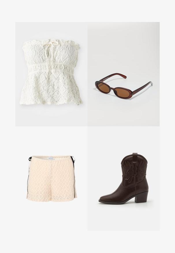 Biely top bez ramienok vyrobený z texturovanej čipky so zguľateným korzetom a nariaseným lemom. Obsahuje detail so šnúrkou na výstrihu.; Brošková čipkovaná sukňa s elastickým pásom, bočnými viazaniami a vzorom v tvare chevron. Mäkka textura a voľný strih pre pohodlie.; Hnedé kožené kovbojské topánky s špicatými prstami, embosovanými vzormi krídel, stredne vysokým blokovým podpätkom a úchytom na zadnej strane.; Okrúhle slnečné okuliare s hnedým nádychom a lesklým burgundským rámom. Úzke ramená s jemným brandovaním. Plochej šošovky dizajn.