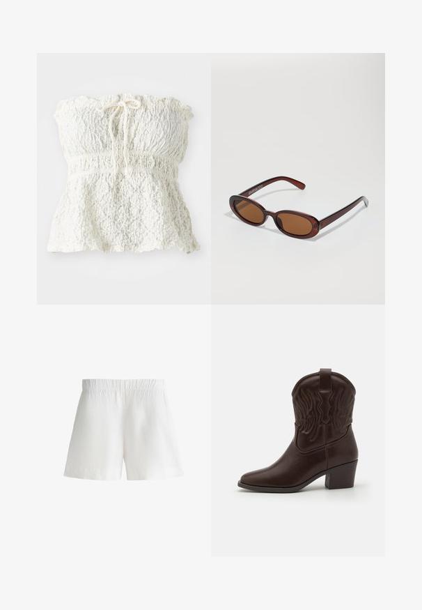 Weißes, trägerloses Oberteil aus strukturiertem Spitze mit einem gerafften Oberteil und einem gerafften Saum. Es hat eine Bindeschleife am Ausschnitt.; Weiße Shorts aus leichtem Material, ausgestattet mit einem elastischen Bund und einer entspannten Passform. Glatte Textur ohne zusätzliche Muster oder Akzente.; Braune Leder-Cowboy-Stiefel mit spitzen Zehen, geprägten Flügelmotiven, einem mittelhohen Blockabsatz und einer Zuglasche auf der Rückseite.; Runde, braun getönte Sonnenbrillen mit einem glänzenden burgunderfarbenen Rahmen. Schlanke Bügel mit dezentem Branding. Flaches Linsendesign.