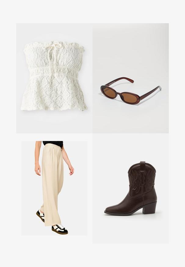Biely top bez ramienok vyrobený z texturovanej čipky so zguľateným korzetom a nariaseným lemom. Obsahuje detail so šnúrkou na výstrihu.; Svetlé béžové nohavice s širokými nohavicami, vyrobené z mäkkého materiálu, s voľným strihom, prednými záhybmi a elastickým pásom. Skombinované s čierno-bielymi teniskami.; Hnedé kožené kovbojské topánky s špicatými prstami, embosovanými vzormi krídel, stredne vysokým blokovým podpätkom a úchytom na zadnej strane.; Okrúhle slnečné okuliare s hnedým nádychom a lesklým burgundským rámom. Úzke ramená s jemným brandovaním. Plochej šošovky dizajn.