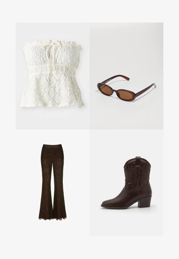 Fehér, pánt nélküli, texturált csipkéből készült felső, smockolt melltartóval és ráncolt aljjal. Nyakán masnis részlettel rendelkezik.; Csipkés, bőrnadrág mély burgundi színben, sima selyem derékpánttal és finom virágmintás csipkével, hullámos szegéllyel.; Barna bőr cowboy csizmák, hegyes orral, domború szárny mintákkal, közepes magasságú blokksarkakkal és hátsó húzófüllel.; Kerek, barna árnyalatú napszemüveg fényes burgundi kerettel. Karcsú karok diszkrét márkázással. Lapos lencse kialakítás.