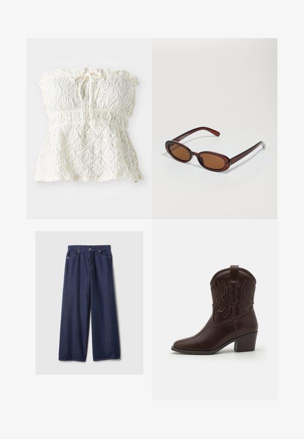 Valge, õlavööta pealmine osa, mis on valmistatud tekstuurse pitsiga, smockitud esiotsa ja volditud kraega. Kaela piirkonnas on lipsu detail.; Tumed atlebiga denimpüksid tumedast sinisest kangast, millel on sile tekstuur, lõppkinnitus tõmbluku abil, ees olevad taskud ja metallised aktsendid.; Pruunist nahast cowboy saapad, millel on teravad varbad, reljeefsed tiivamustrid, kesk kõrguses plokk konts ja tõmbenupp taga.; Ümar, pruunikased päikeseprillid läikiva burgundia raami ja peente kaubamärgi detailidega. Peened sangad ja lame läätsedesain.