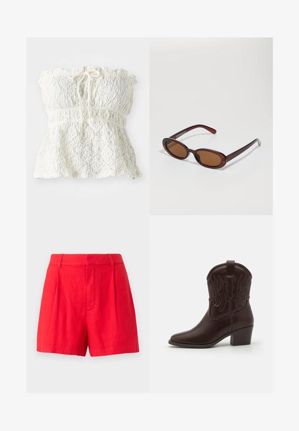 Bela, brez naramnic, zgornji del iz teksturirane čipke z nabranim pasom in zbranim robom. Ima tudi vezi na vratu.; Rde kratke hlače iz lanenega materiala s prilagojenim dizajnom, ki vključujejo naborke, gladko teksturo in pas srednje višine.; Rjave usnjene kavbojske škornje z izostrenimi prsti, okrašenimi z embosiranimi vzorci ptičjih kril, srednje visokim blokastim petam in zanka za pomoč pri obuvanju na zadnji strani.; Okrogle, rjavo obarvane sončne naočare z sijočim burgundskim okvirjem. Tanek nosilec s subtilnim logotipom. Oblika leč je ravna.