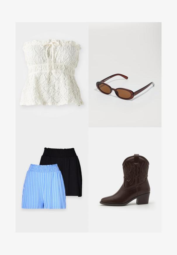 Bela, brez naramnic, zgornji del iz teksturirane čipke z nabranim pasom in zbranim robom. Ima tudi vezi na vratu.; Dve pare kratkih hlač z elastičnim pasom: ene svetlo modre z belimi navpičnimi črtami, druge enobarvne črne. Obe sta narejeni iz mehkega materiala.; Rjave usnjene kavbojske škornje z izostrenimi prsti, okrašenimi z embosiranimi vzorci ptičjih kril, srednje visokim blokastim petam in zanka za pomoč pri obuvanju na zadnji strani.; Okrogle, rjavo obarvane sončne naočare z sijočim burgundskim okvirjem. Tanek nosilec s subtilnim logotipom. Oblika leč je ravna.