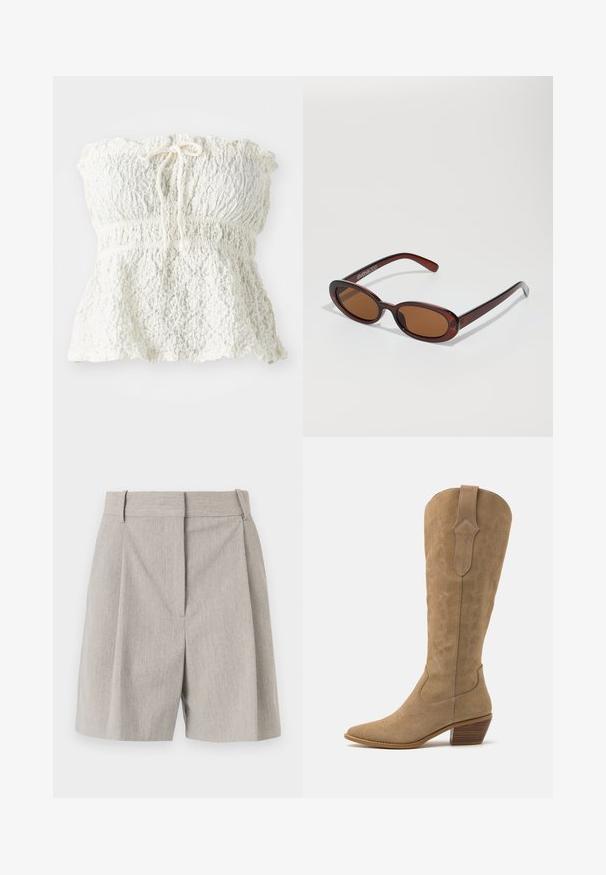 Biely top bez ramienok vyrobený z texturovanej čipky so zguľateným korzetom a nariaseným lemom. Obsahuje detail so šnúrkou na výstrihu.; By Malene Birger POVILLE - Šortky - grey brown; Hnedé zamšové kovbojské čižmy s špicatou špičkou, stredne vysokým zvrškom a dekoratívnym prešívaním po stranách. Majú vrstvený drevený opätok.; Okrúhle slnečné okuliare s hnedým nádychom a lesklým burgundským rámom. Úzke ramená s jemným brandovaním. Plochej šošovky dizajn.