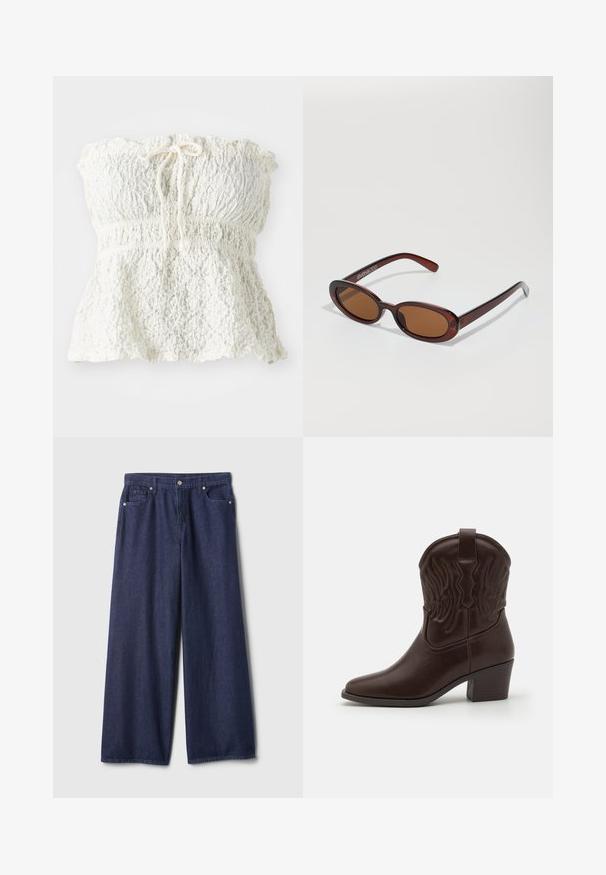 Fehér, pánt nélküli, texturált csipkéből készült felső, smockolt melltartóval és ráncolt aljjal. Nyakán masnis részlettel rendelkezik.; Széles szárú, sötétkék farmernadrág sima textúrával, ötpántos kialakítással, fém gombos záródással és varrással díszített szegélyekkel.; Barna bőr cowboy csizmák, hegyes orral, domború szárny mintákkal, közepes magasságú blokksarkakkal és hátsó húzófüllel.; Kerek, barna árnyalatú napszemüveg fényes burgundi kerettel. Karcsú karok diszkrét márkázással. Lapos lencse kialakítás.